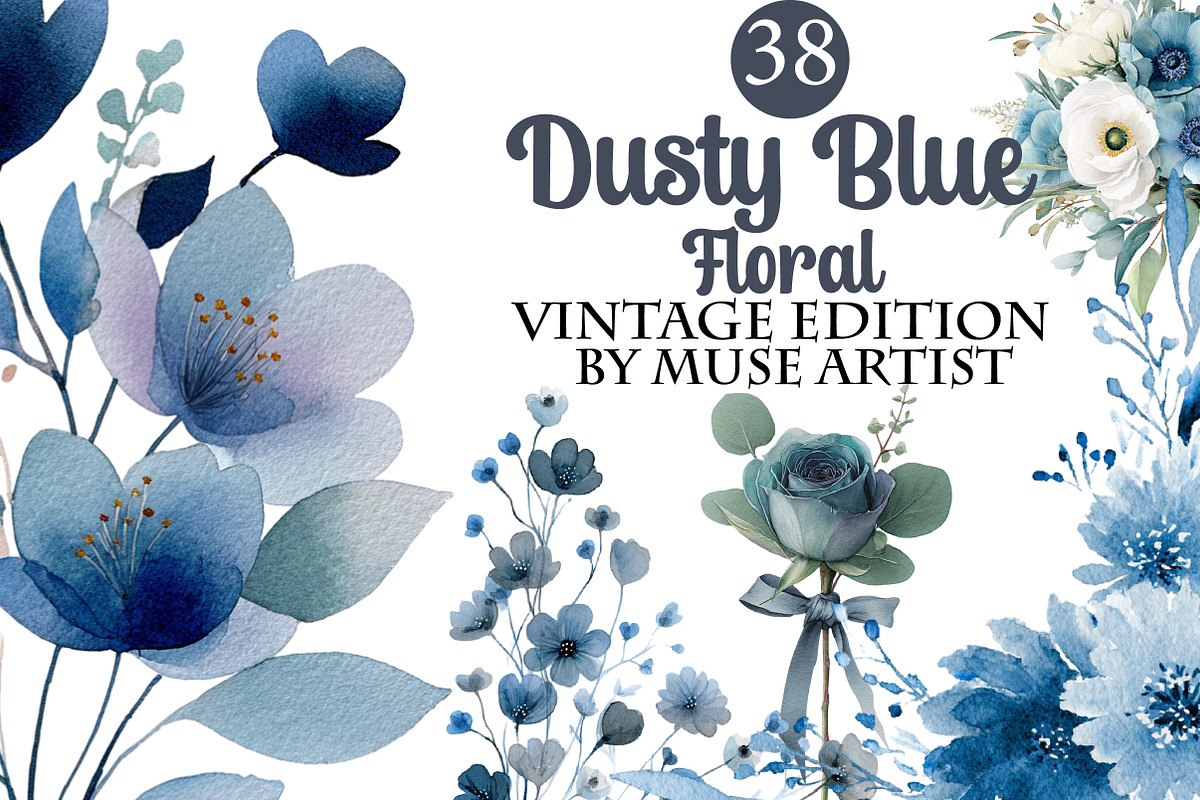 Watercolor Dusty Blue Floral Clipart, an Illustration by DreamArtGraphic (Photo 1 of 8)