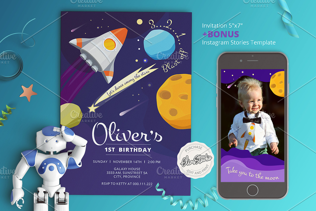 Space Birthday Invitation, an Invitation Template by El-Studio (Photo 1 of 2)