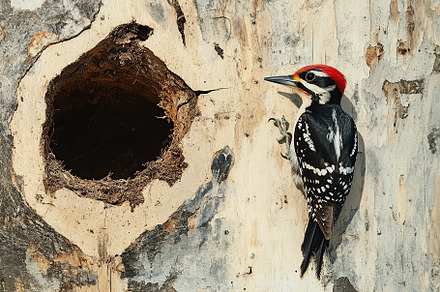 Woodpecker bird sitting in a hollow of tree trunk, an Animal Photo by AlyaAnd