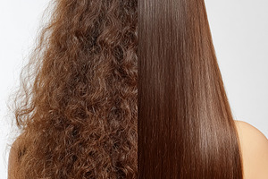Woman displaying half curly frizzy hair and half straight smooth, a Photo by Studio ANNA