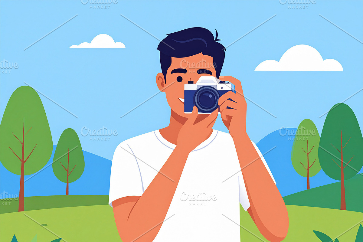 Young person at nature captures memories using a classic film ca, a Person Illustration by DanFLCreativo