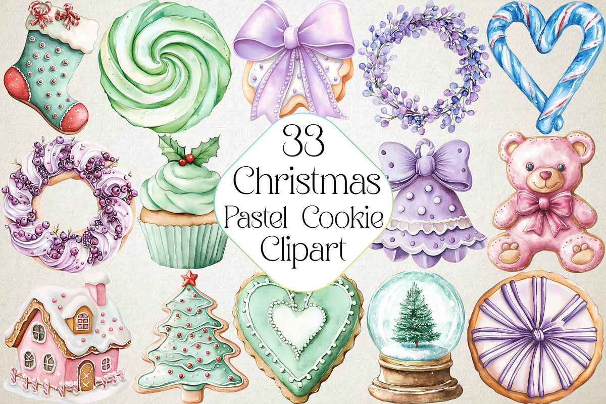 Christmas Pastel Cookie Clipart Bund, an Illustration by DreamPrint404 (Photo 1 of 7)
