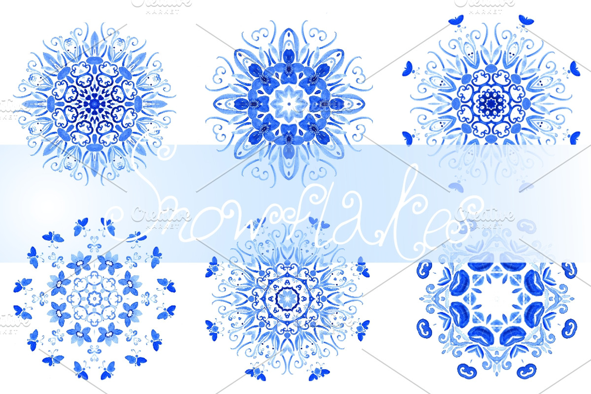 Set of 9 watercolor snowflakes
