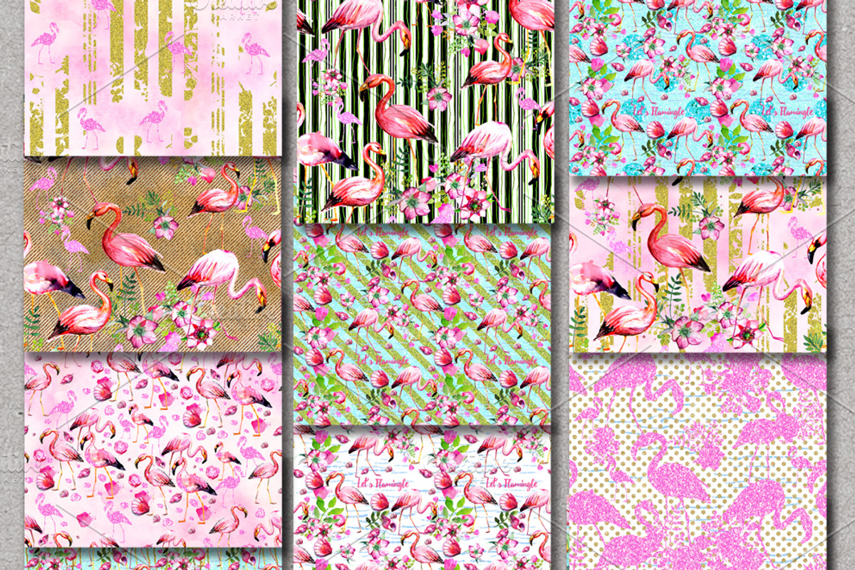 Flamingo Digital Pattern Paper Set, an Illustration by Download Graphic Art (Photo 2 of 9)