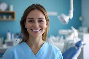 Female dentist smiles confidently in dental office with equipment in background, a Health & Medical Photo by AlyaAnd