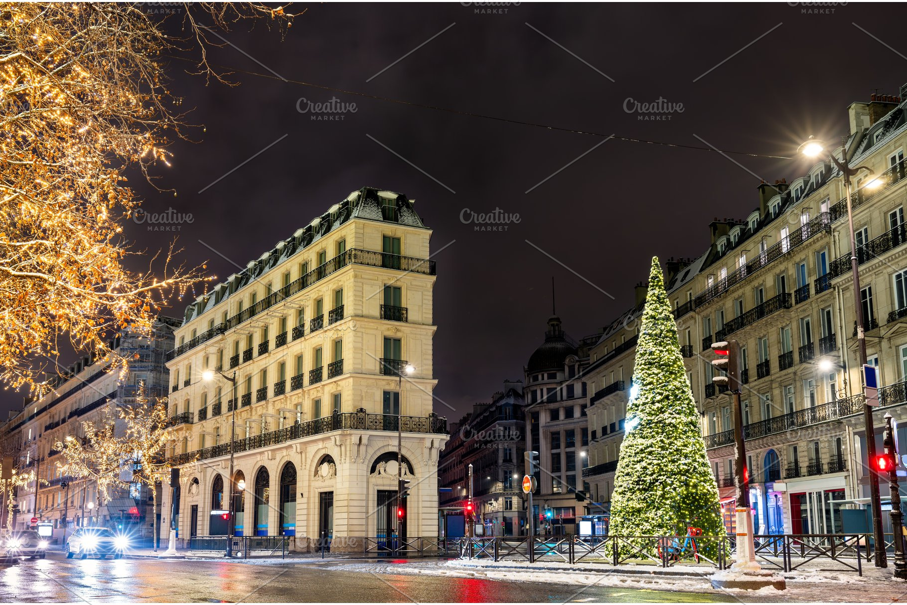 Paris street corner with illuminated Christmas tree at night, an Architecture Photo by Leonid Andronov