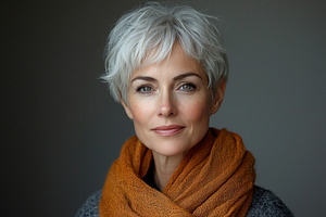 Confident mature woman with short gray hair wearing orange scarf, a Person Photo by José Manuel Gelpi