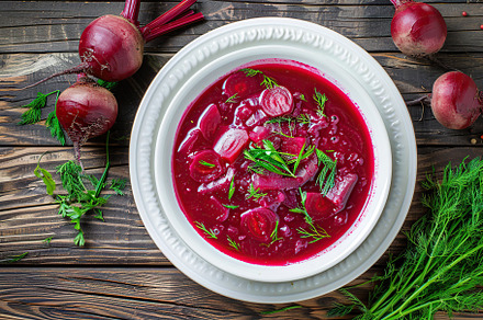 Bowl of beet root soup borsch on wooden table, a Food & Drink Photo by AlyaAnd