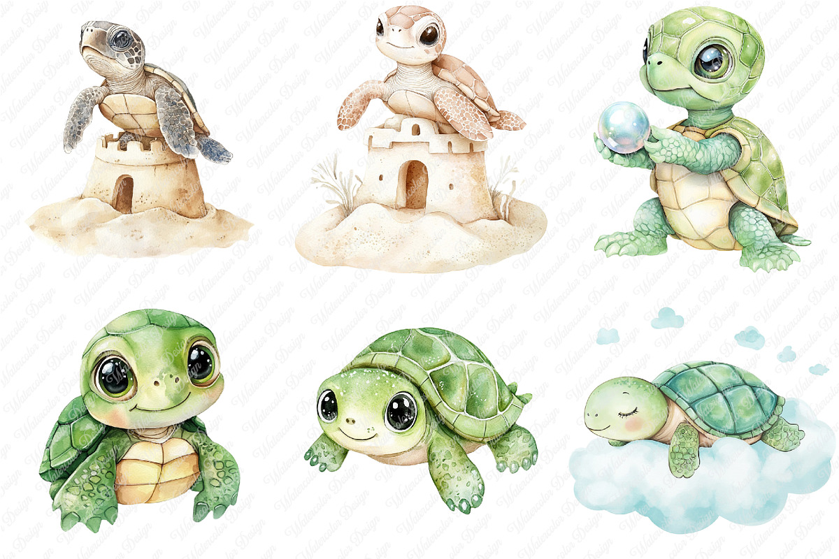Watercolor Baby Turtle Clipart, an Illustration by Watercolor design (Photo 4 of 12)