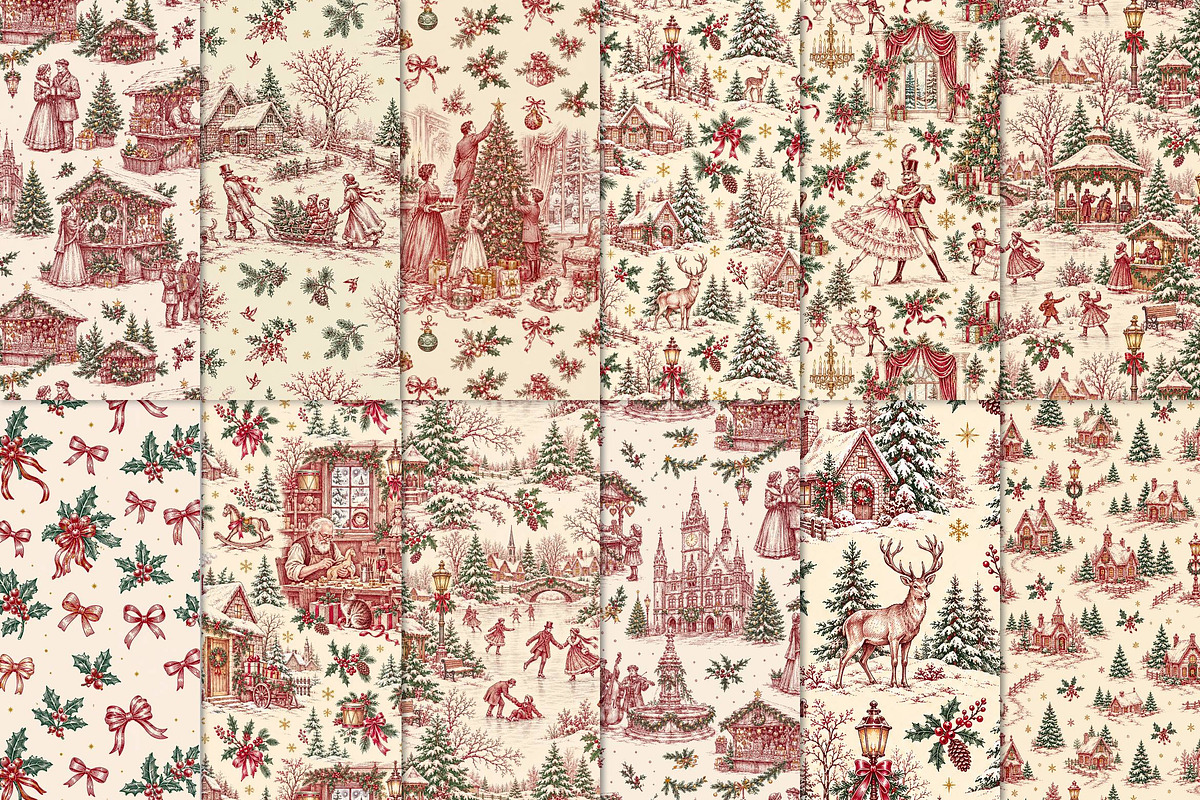 Vintage Holiday Toile Pattern Bundle, a Pattern Graphic by Olya Creative (Photo 6 of 31)