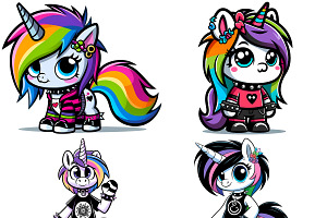 Cartoon Emo Unicorns PNG Pack