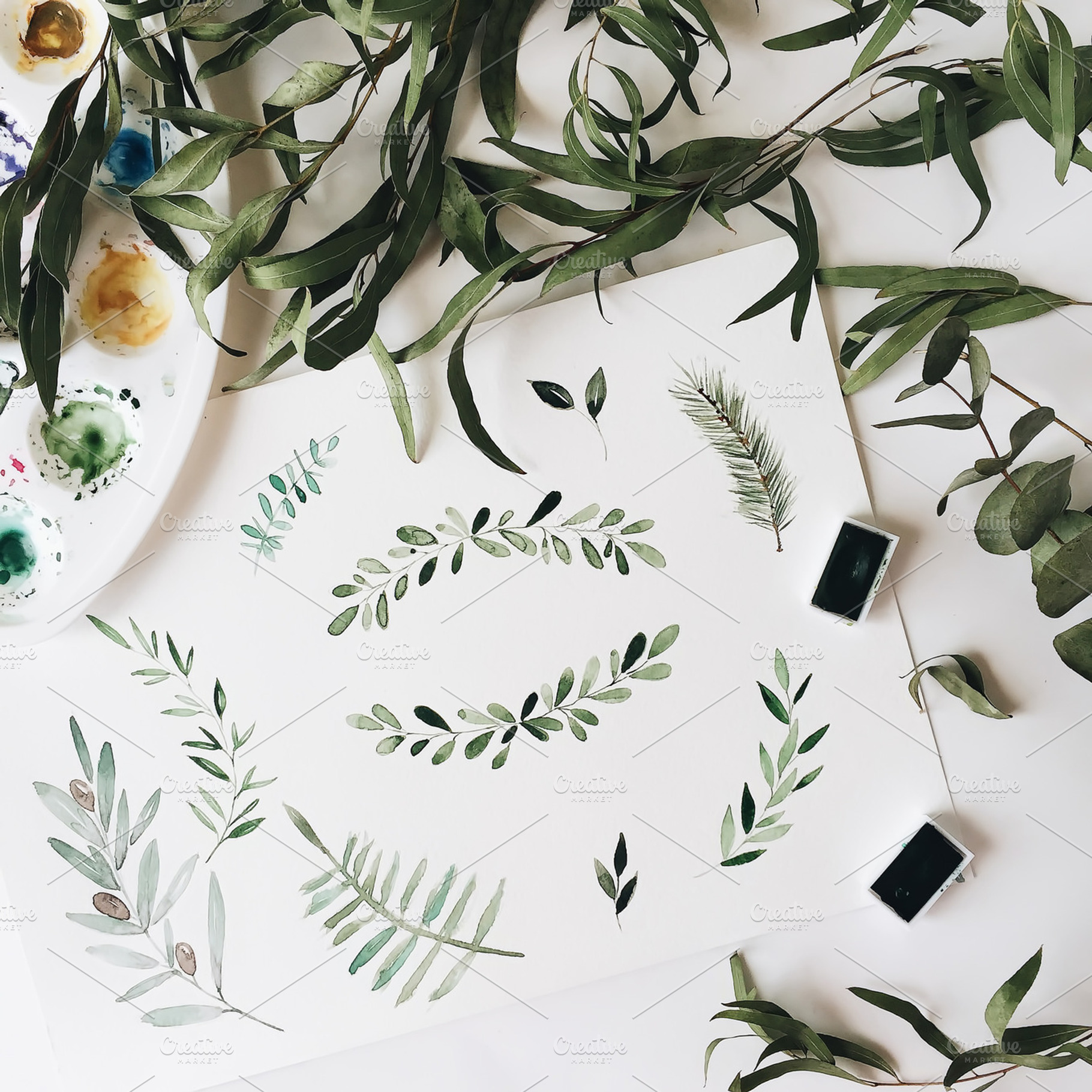 Workspace with watercolor painting stock photo containing paint and watercolor, an Arts & Entertainment Photo by Floral Deco