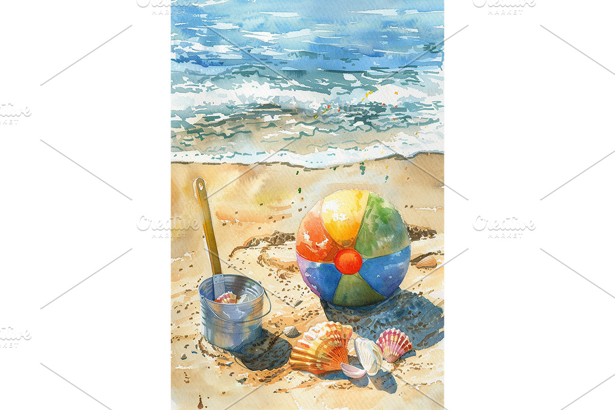 Beach Ball Watercolor Art with Shell, a Decorative Illustration by Art Paradise Studios