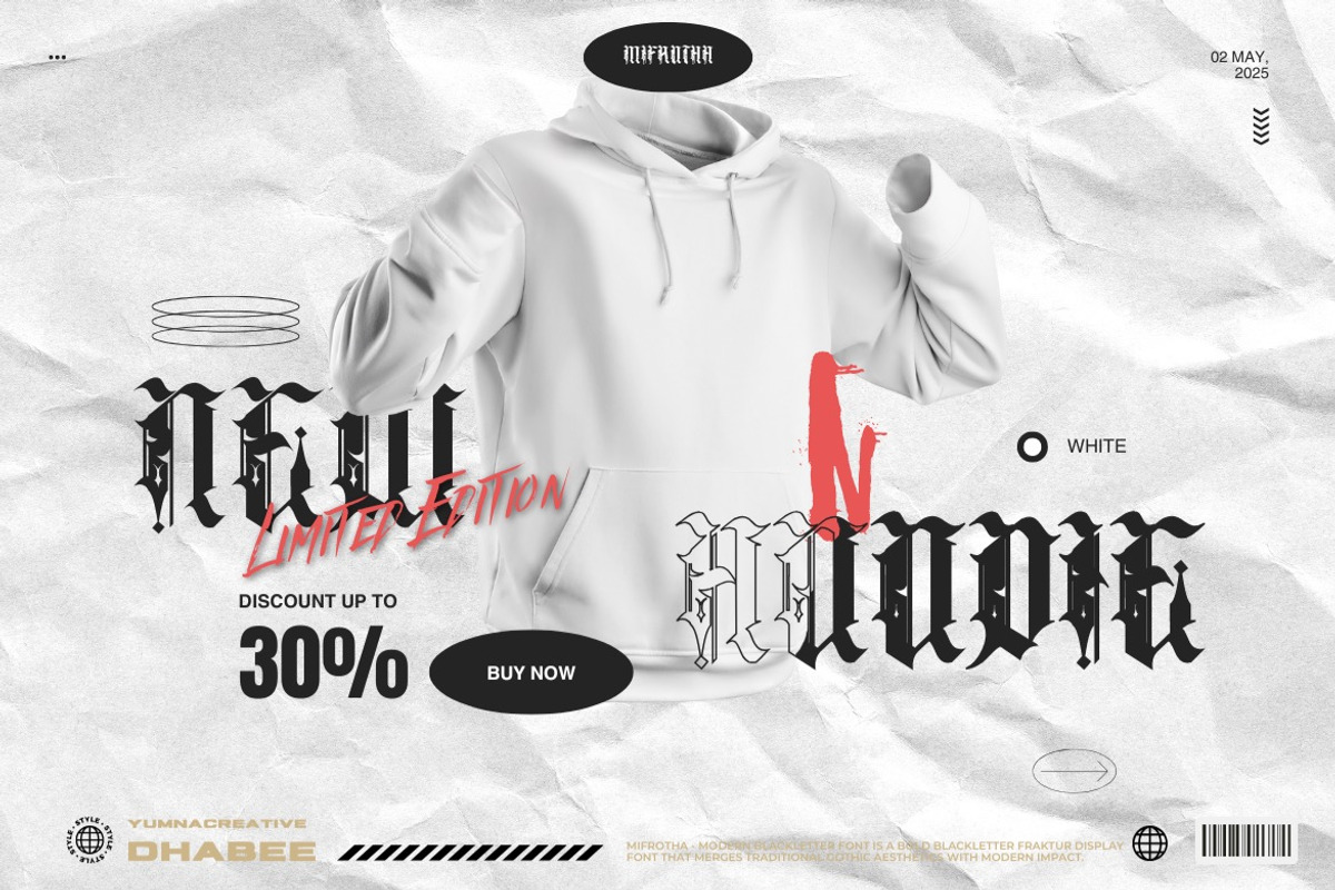 Mifrotha - Modern Blackletter Font, a Blackletter Font by Dhabee (Photo 10 of 18)