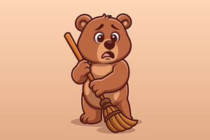 Worried Bear Sweeping Cartoon, an Animal Illustration by Gumrega Studio