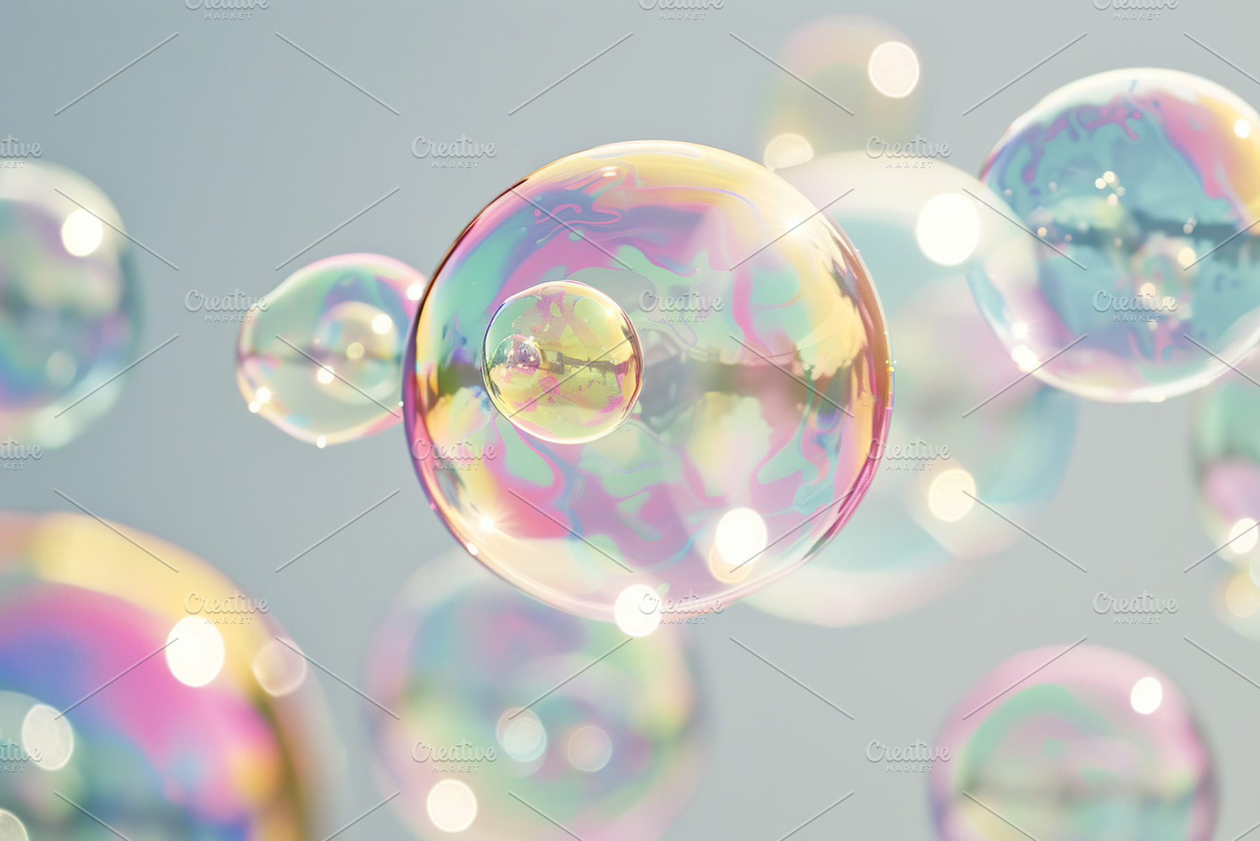 Rainbow soap bubbles on grey background, a Photo by AlyaAnd