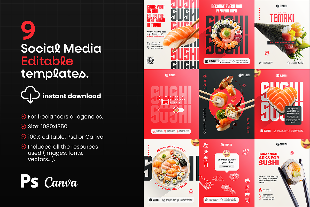 Social Media – Sushi (PSD + Canva), a Social Media Template by Nina Shaw (Photo 1 of 11)