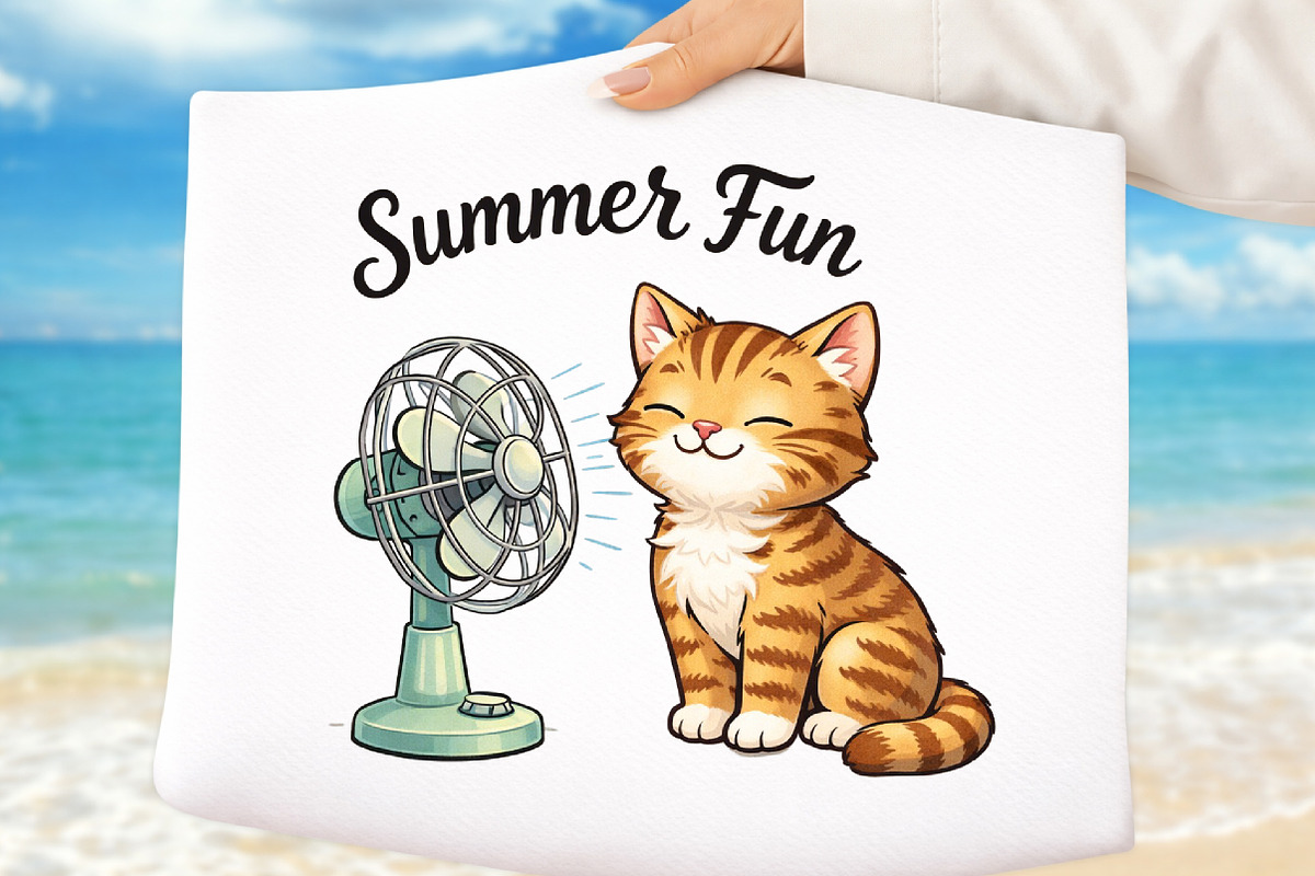 Summer Fun Cat and Fan Cute T-Shirt, an Illustration by DreamArtGraphic (Photo 1 of 4)
