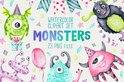 Monsters watercolor clipart, an Object Graphic by Trinibis (Thumbnail 1 of 4)