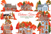 Watercolor autumn houses clipart, an Illustration by s.yanyeva (Thumbnail 1 of 6)