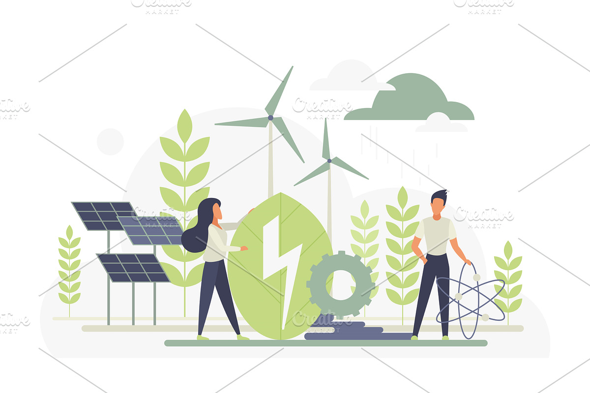 People promoting green renewable, an Illustration by Lemberg Vector
