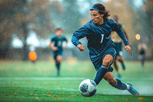 A young male soccer player dribbles the ball during a rainy game, a Sports & Recreation Photo by ImageMir