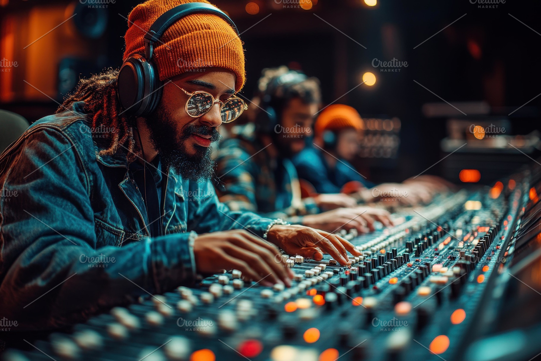 Musicians work together at a sound m, a Photo by Tanuart
