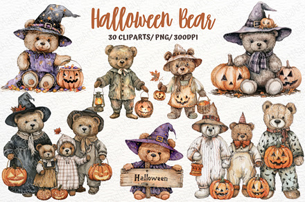 Watercolor Halloween Bear Clipart