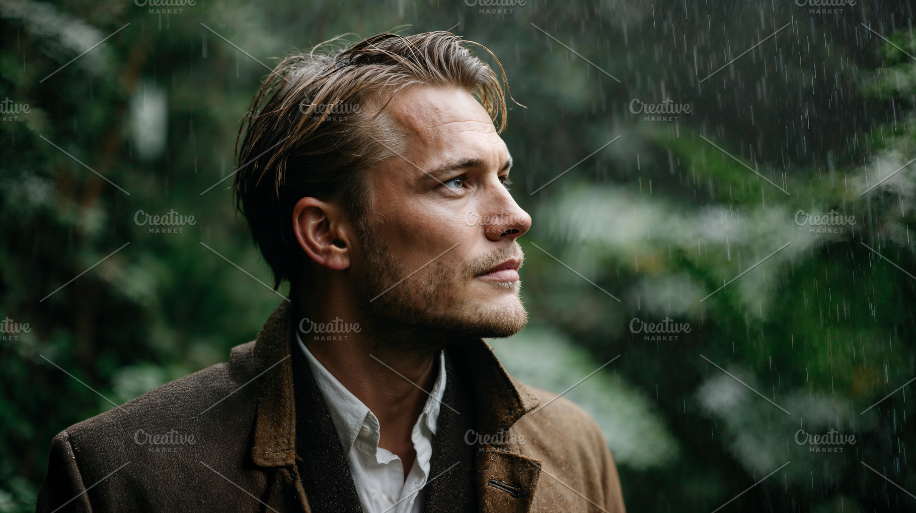 Man stands in rain, contemplating life in lush forest setting, a Person Photo by OSORIOartist