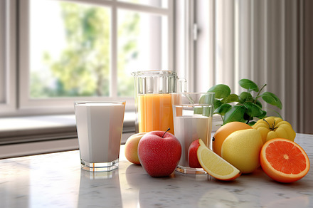 Glass of fresh juice with various fruits, a Food & Drink Photo by AlyaAnd