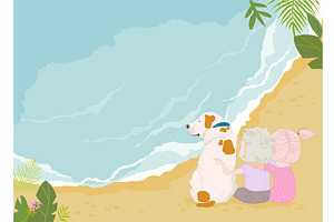 Couple with Dog sitting on Sea Beach, a Person Illustration by Maria Starus