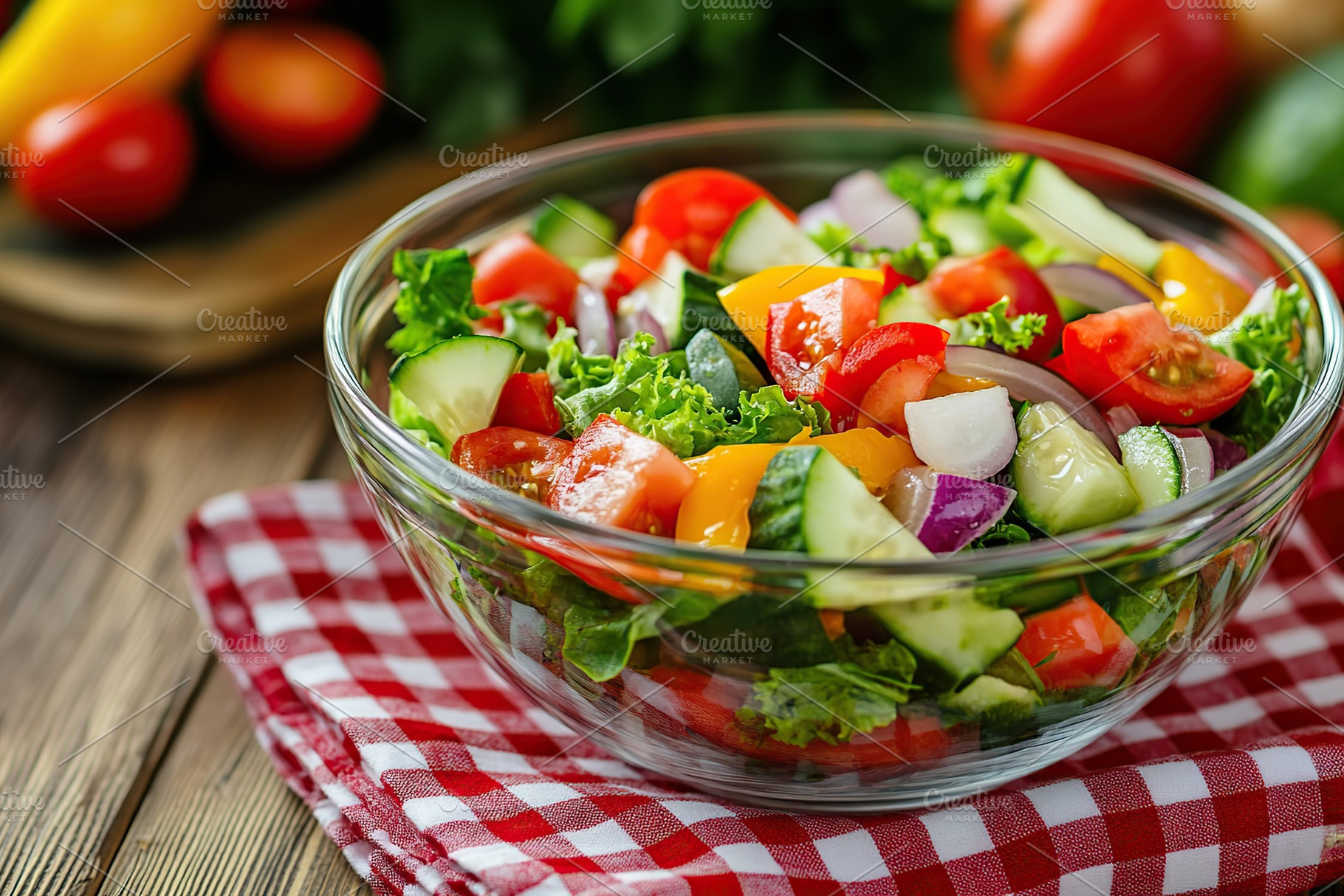 Fresh salad with vegetables in bowl, organic healthy food, a Food & Drink Photo by AlyaAnd