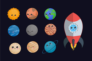 Set Of Cute Kawaii Planets