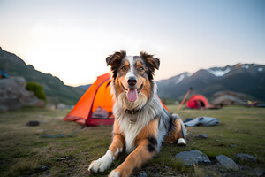 Portrait of Australian Shepherd dog in front of camping tent in mountain forest, an Animal Photo by Lenor4ik