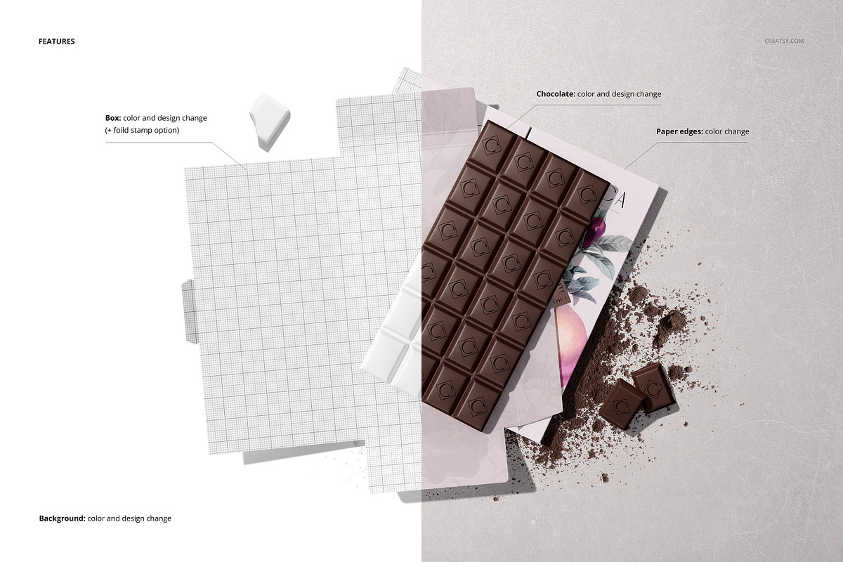 Chocolate Bar Packaging Mockup v.2, a Packaging Mockup by creatsy5 (Photo 3 of 13)