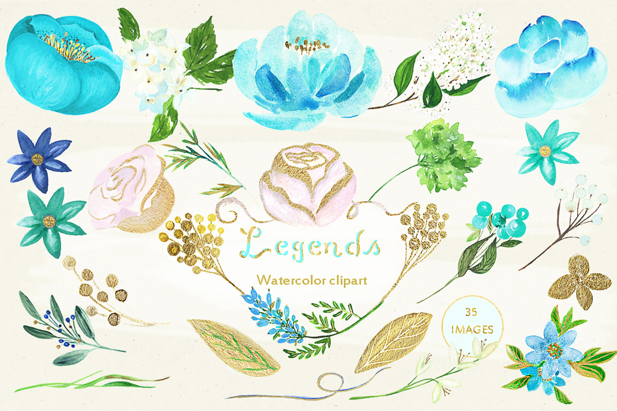 Gold and blue. Watercolor flowers., an Illustration by LABFcreations (Photo 3 of 6)