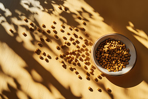 Dog food is scattered on a table nex, a Photo by Pavel_design