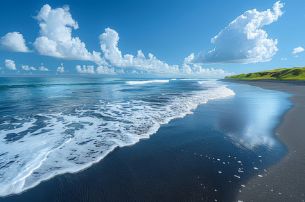 Serene Black Sand Beach on the Big Island of Hawaii Under a Clear Blue Sky, a Photo by AS photostudio