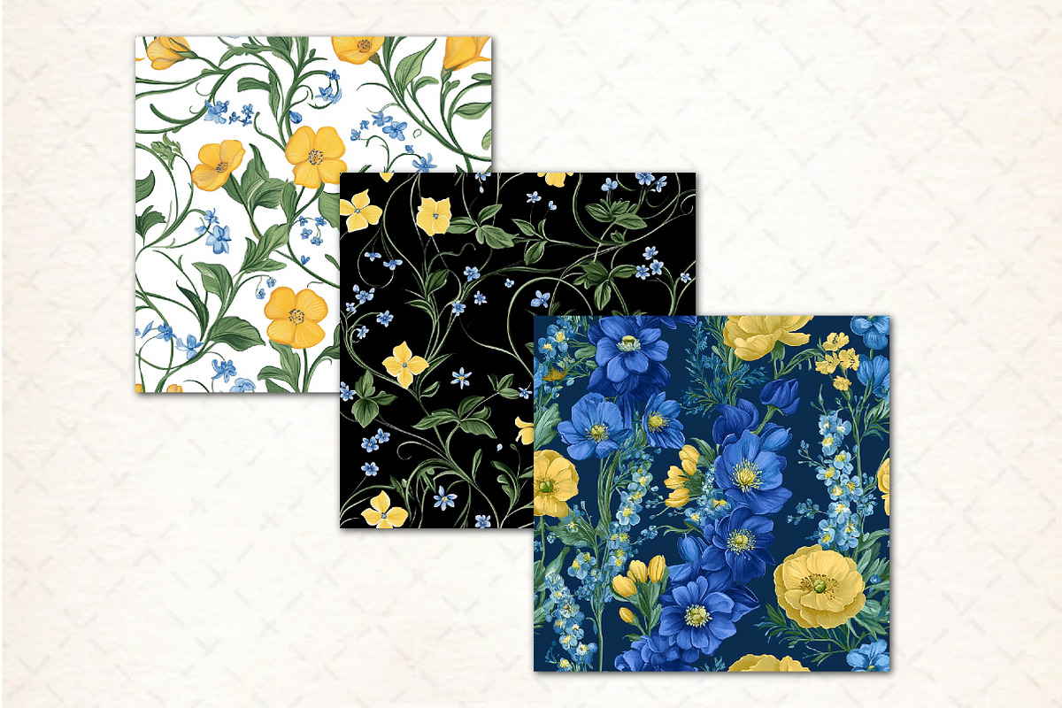 Blue Yellow Cottagecore Flowers Patt, a Pattern Graphic by Libby Wishes
