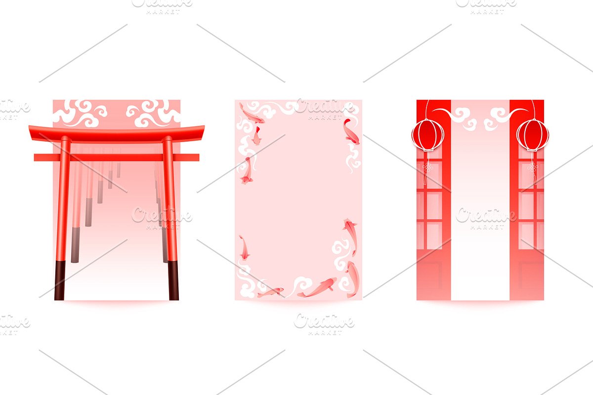 Japanese cards with torii gate, koi, an Illustration by art PVP - market