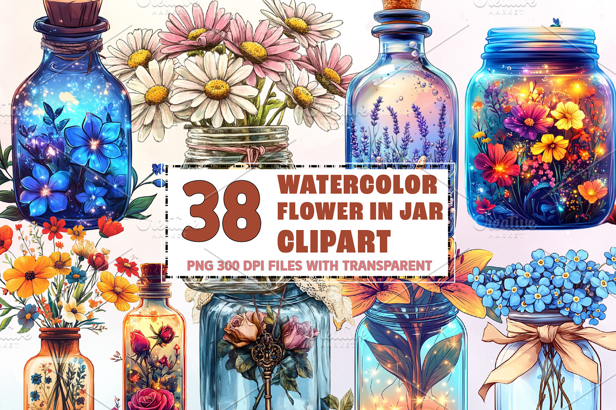 Flower in Jar Sublimation Clipart, an Illustration by Watercolor design (Photo 1 of 4)