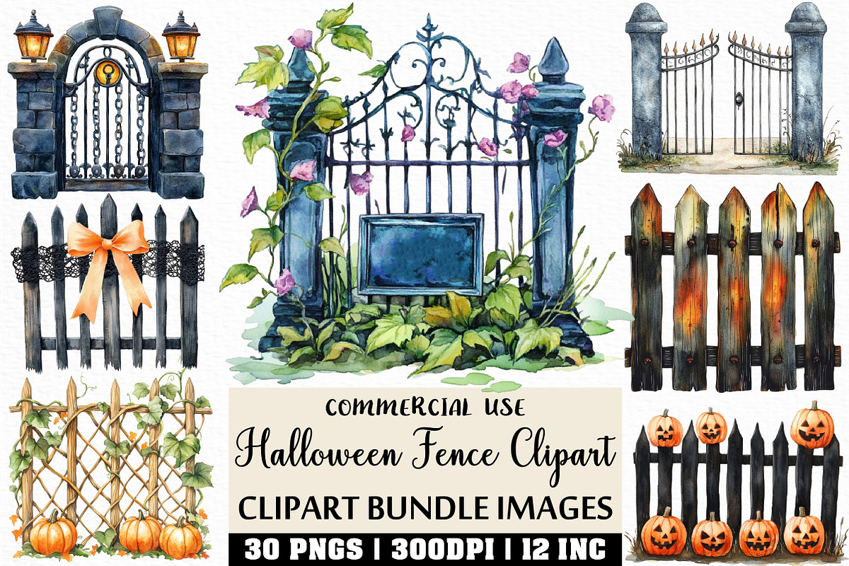 Watercolor Halloween Fence Clipart, an Illustration by Craft Nest (Photo 1 of 6)