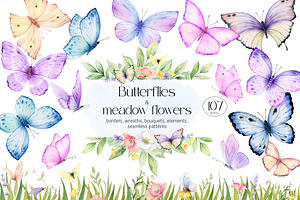 Watercolor Butterflies and Flowers