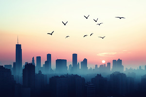 City skyline at dusk with flying, a Photo by Pavel_design