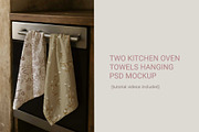 Two kitchen oven towels hanging PSD, a Merchandise Mockup by jenartstudio (Thumbnail 1 of 3)