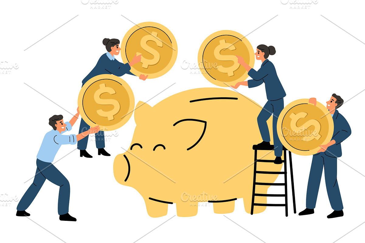 Businessmen and women put gold coins, a Finance Illustration by Vectorbuum