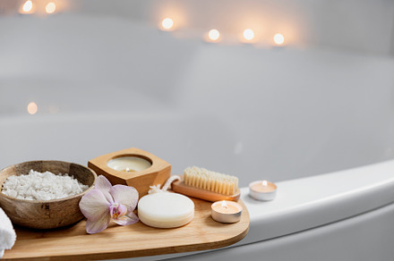 Hotel spa treatment or home bath procedure. Bathroom with accessories on tray, a Health & Medical Photo by Lenor4ik