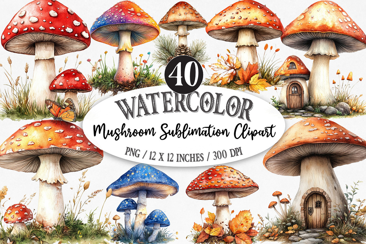 Watercolor Mushroom Sublimation, an Illustration by Designking (Photo 1 of 5)