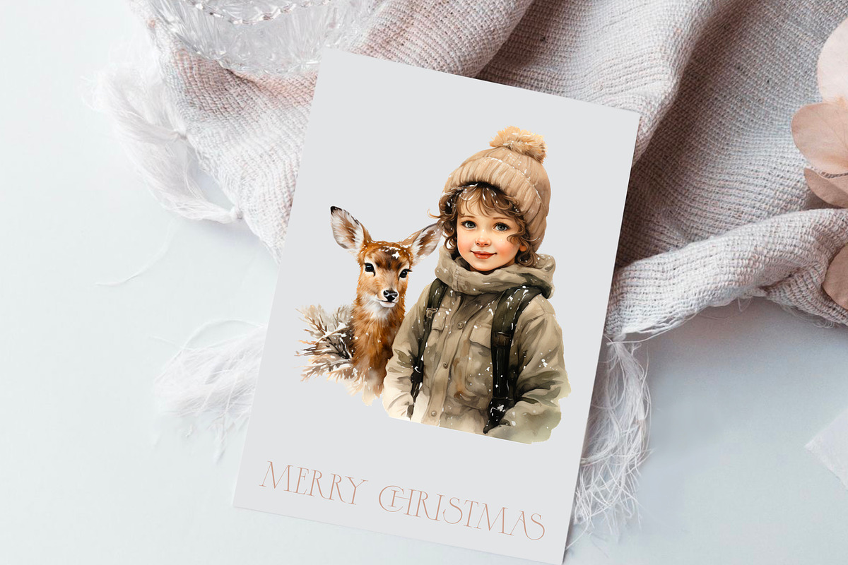 Boy with deer, Christmas watercolour, a Person Illustration by Hello My Print (Photo 3 of 9)
