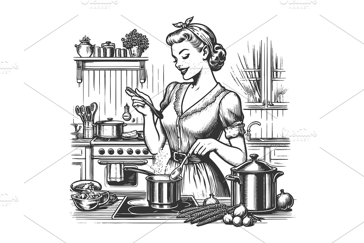 woman cooking in kitchen vector, a Food Illustration by AlexArt
